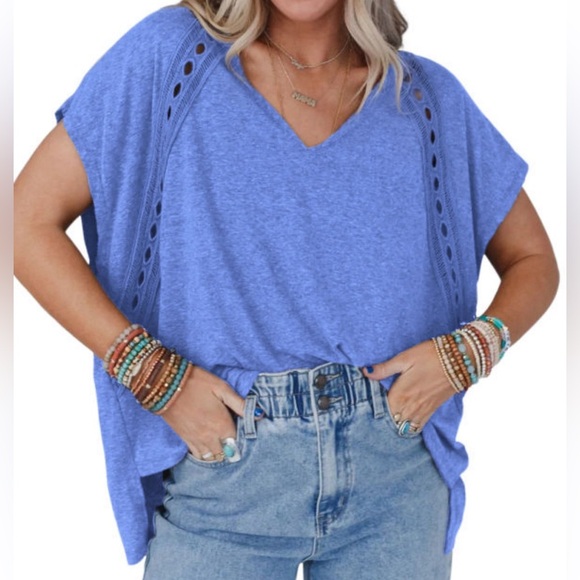 Blue V-Neck Top with Crochet Lace Detail - Picture 1 of 7